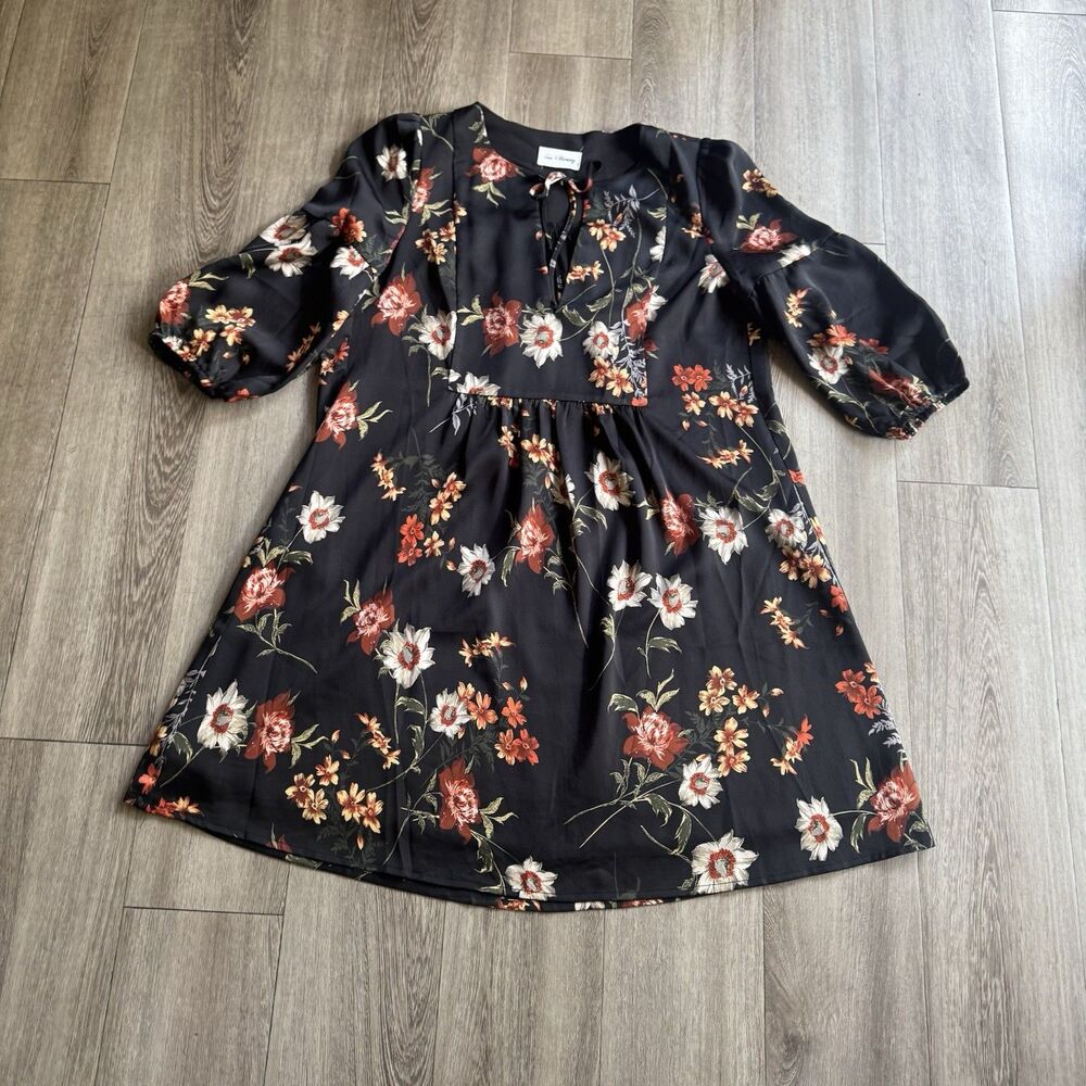 Love + Harmony Dress Oversized Sz M L Black Floral Ruffle Mini Boho Chic Cottage - Picture 11 of 16
